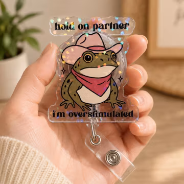 Hold On Partner Badge Reel, Overstimulated Cowboy Frog ID Holder, Funny Western Badge Clip, Nurse Teacher Work Gift
