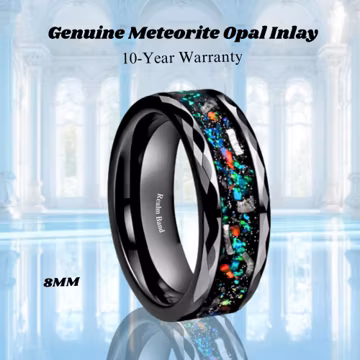 8mm Black Tungsten Carbide Ring, Faceted Meteorite Opal Inlay Mens Wedding Band