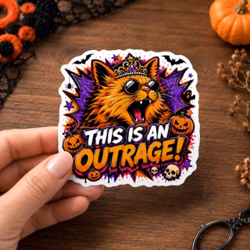 Halloween Cat Sticker – This Is An Outrage Funny Vinyl Sticker | Cute Spooky Cat Die-Cut Decal | Cute Halloween Gift | Free Shipping