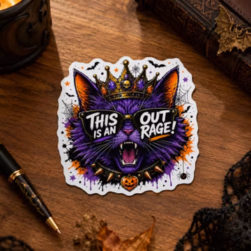 This Is an Outrage Cat Sticker, Purple Halloween Cat Vinyl Decal, Funny Angry Cat Sticker, Spooky Crowned Cat Gift, Free Shipping