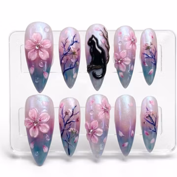 3D Sakura Black Cat Press On Nails | Pink & Teal Iridescent Japanese Art | Cherry Blossom Dewdrop Nails | Whimsical Spooky Cute Nails V0303