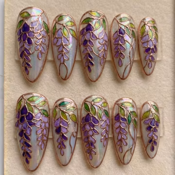 Enchanted Wisteria Stained Glass Press On Nails | 3D Rose Gold & Purple Floral Nail Art