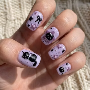 Kawaii 3D Black Cat Press On Nails | Lavender Spooky Cute Star Nails | Coquette Bow Pastel Goth Nails | Short Square False Nails V0303