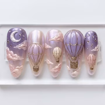 3D Hot Air Balloon Press On Nails, Celestial Clouds, Iridescent Moon Stars