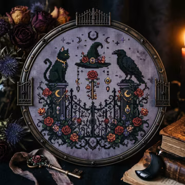 Witchy Black Cat Cross Stitch Pattern: Raven Moon Gothic Floral Garden Embroidery (PDF)