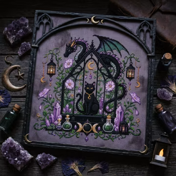 Green Dragon Black Cat Cross Stitch Pattern: Gothic Dragon Greenhouse Embroidery PDF