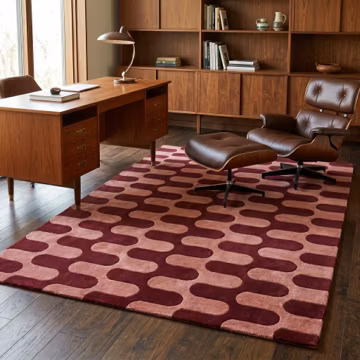 Red Retro Wavy Hand Tufted Wool Rug | Burgundy & Pink Mid Century Modern Geometric Area Rug | Funky Vintage Style Carpet for Living Room