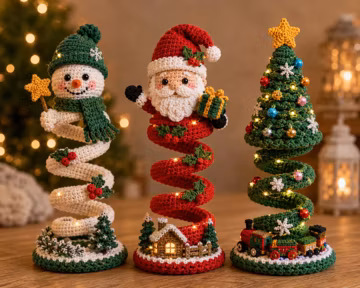 Crochet Christmas Spiral Centerpiece Trio PDF Pattern | Snowman, Santa & Tree Lighted Holiday Decor