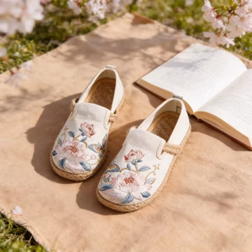 Embroidered Lotus Canvas Espadrilles for Women, Retro Ethnic Style Slip-On Shoes for Spring Summer Autumn