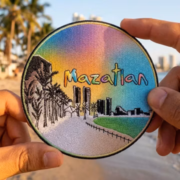 Mazatlan Mexico Embroidered Patch, Vibrant Skyline Palm Trees Rainbow Iron-On Sew-On Badge, Tropical Travel Souvenir