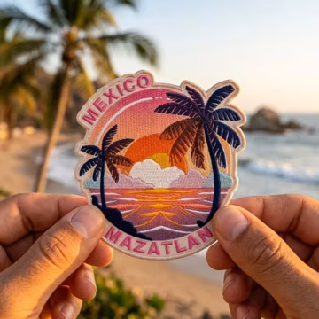 Mazatlan Mexico Embroidered Patch, Tropical Sunset Palm Tree Iron-On Sew-On Badge, Beach Travel Souvenir for Jackets & Backpacks