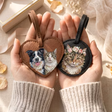 Custom Hand Painted Pet Portrait Leather Bag Charm, Personalized Dog Cat Purse Charm, Pet Memorial Gift, Pet Keychain Gift for Pet Lover