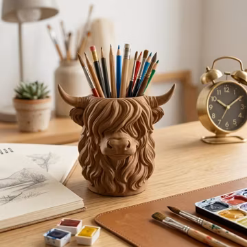3D Printed Highland Cow Pencil Holder, Plastic Highland Cattle Desk Organizer, Birthday Gift