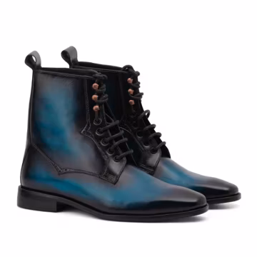 Handmade Men's Blue Patina Leather Boots, Full Grain Cowhide Lace-up, Luxury Navy Ankle Boots