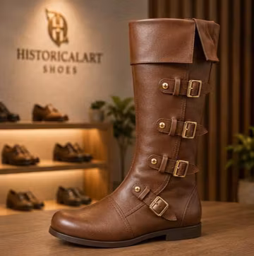 Handmade Leather Medieval Boots, 4-Buckle Pirate Viking Steampunk Footwear