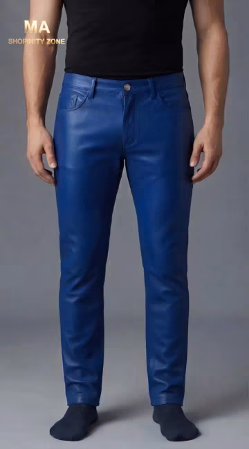 Men's Blue Leather Pants – Genuine Leather Trousers – Slim Fit Motorcycle Biker Pants – Stylish Casual Leather Jeans