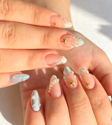 Custom Pastel Blue Seashell Starfish Pearl Press On Nail, Medium Almond Fake Nail, Ocean Style Nail For Summer Beach Vacation