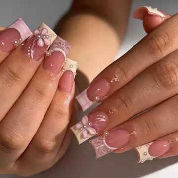 Handmade Pink Lace Pearl 3D Flower Press on Nails, Cream French Square Fake Nails, Romantic Sweet Reusable Glue On Nails