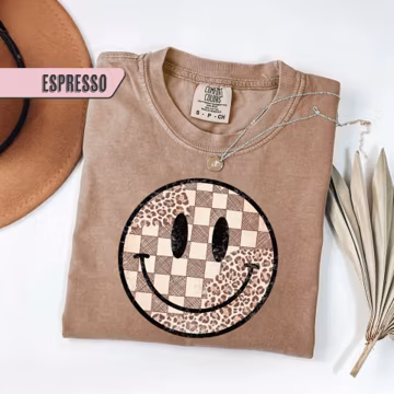 Smiley Face Checkered Shirt, Retro Leopard Smile Tee, Comfort Colors Happy Face T-Shirt, Boho Smiley Gift Tee, Trendy Graphic Shirt