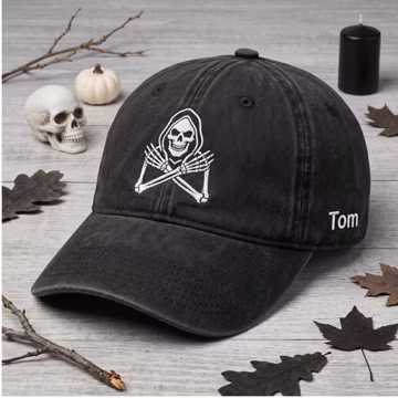 Custom Name Grim Reaper Embroidered Cap, Gothic Skeleton Hat For Men Women, Halloween Birthday Anniversary Keepsake Gift