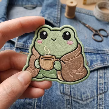 Frog Drinking Coffee Embroidered Patch – Cozy Animal Iron On Badge