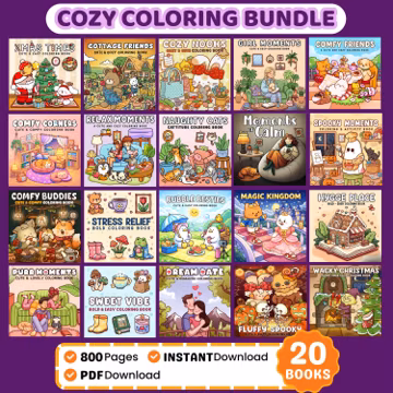 Cozy Coloring Book Bundle, Kawaii Illustrations (PDF Download)