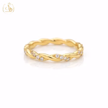 Twisted Gold Diamond Ring, Minimalist Stacking Ring, Dainty Diamond Band, Thin Rope Ring