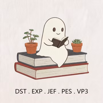 Spooky Ghost Reading Books Embroidery File, Halloween Plant Ghost Embroidery Design, Digital Download