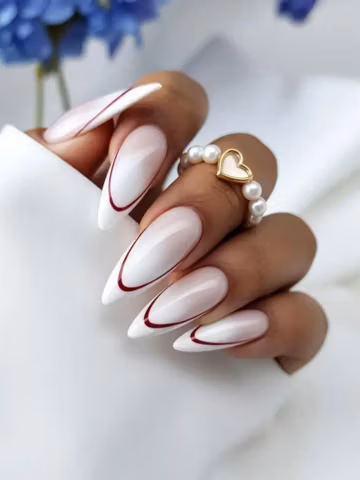 Minimalist Red Outline French Press On Nails | Milky White Almond Fake Nails