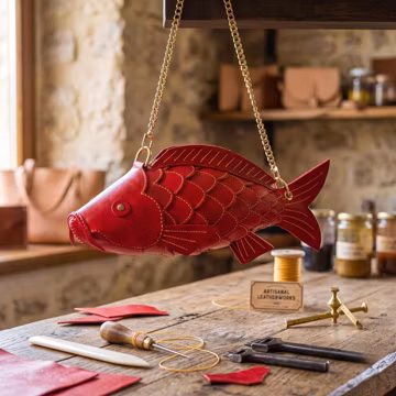 Handcrafted Genuine Leather Fish Bag, Unique Red Koi Fish Crossbody Purse, Quirky Animal Shoulder Bag, Handmade Leather Clutch, Gift for Her