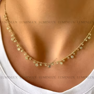 Dangling Diamond Dainty Necklace, Round Cut Lab Grown Diamond Necklace, 14k Yellow Gold Wedding Choker Necklace, Bezel Set Bridal Necklace