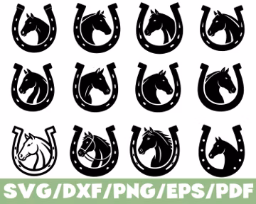 Horse Head Horseshoe SVG Silhouette Bundle, Western Lucky Horseshoe Set (Digital Download)