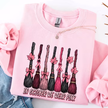 In October We Wear Pink Sweatshirt, Breast Cancer Awareness Broomstick Shirt, Halloween Pink Ribbon Crewneck, Spooky Breast Cancer Sweater