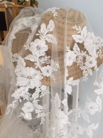 Ivory 3D Floral Lace Applique, Sequined Bridal Veil, 14x7 in