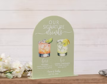 Personalized Signature Drinks Sign, Custom Acrylic Wedding Bar Sign with Cocktail Illustrations, His and Hers Drink Menu Wedding Decor