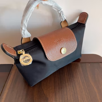 Vintage Bag Mini Pouch with Handle -Black Nylon & Brown Leather