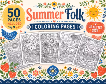 Summer Folk Art Coloring Book Printable PDF, 50 Cute Summer Coloring Pages, Tropical Beach Coloring Book, Adult & Kids Coloring Pages