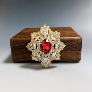 Vintage Ruby Red Crystal Brooch, Gold Sunburst Statement Pin, Victorian Style Flower Jewelry, Wedding Gift for Her,Custom Gift Set