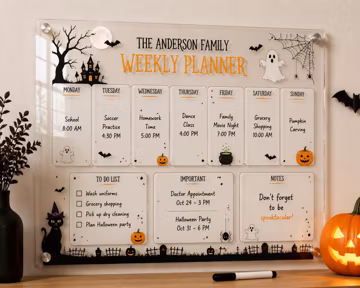 Personalized Halloween Weekly Planner, Acrylic Dry Erase Calendar, Spooky Family Organizer, Seasonal Wall Decor for Home Office