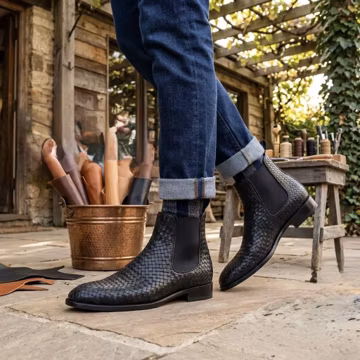 Handmade men black woven leather Chelsea boots: men’s formal ankle high boot.