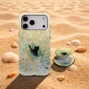 Vintage Black Cat Phone Case, Wildflower Meadow Cover, Garden Floral Case, Cute Kitten Nature Aesthetic, iPhone 17 16 15 14 13, Samsung S26