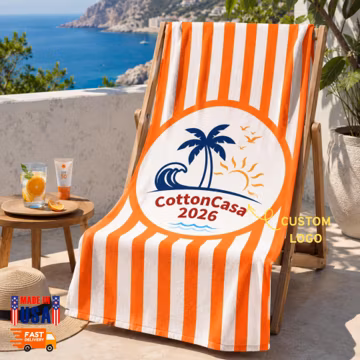 Personalized Logo Beach Towel, Custom Business Pool Towel, Striped Cruise Ship Towel, Corporate Event Gift, Resort Team Branding Decor Ideas