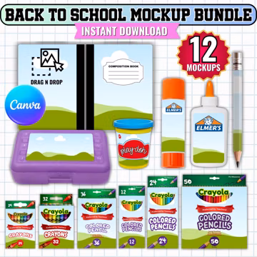 Back to School Mockup Bundle Canva Template, School Supply Label Mockups, Notebook Glue Pencil Crayon Mockup,Editable Canva Digital Download