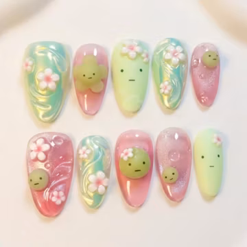 3D Kawaii Pastel Press On Nails, Fairycore Floral Almond