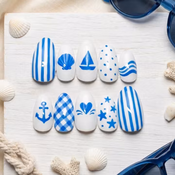 Blue White Nautical Press On Nails, Coastal Summer Almond