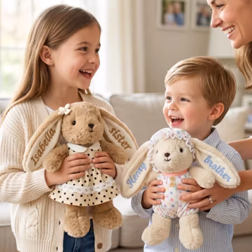 Personalized Bunny Plush Custom Brother Sister Gift Matching Polka Dot Rabbit Embroidered Name Stuffed Animal Luxury Siblings Keepsake