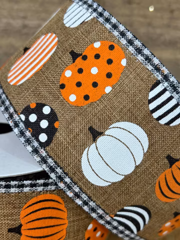 Ribbon Wired 2.5inchx10yards, Natural Pumpkin Pattern Fall, Thanksgiving, DIY Wreath Supplies