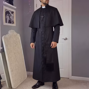 Priest Costume for Men Halloween Cassock Robe Black Clergy Outfit Cosplay Gift for Him Polyester Vicar Cape Exorcist Theme Party Wear