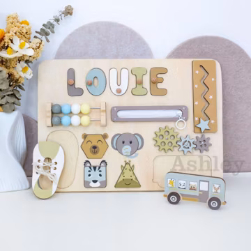 Personalized Baby Busy Board, First Birthday Gift, Baby Shower Gift, Toddler Learning Toy, Custom Wooden Name Puzzle, Educational Toy