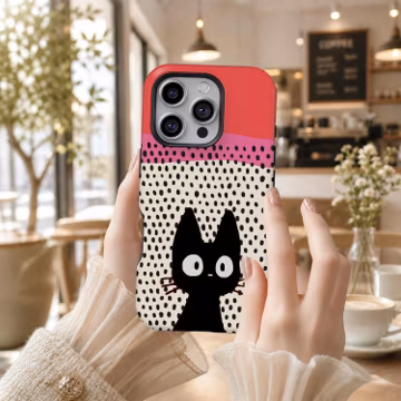 Black Cat Phone Case, Polka Dot Cartoon Cover, Retro Red Pink Cream Kitty, iPhone 17 16 15 14 13 12 11 Pro Max, Samsung S26 S25 S24 S23 S22